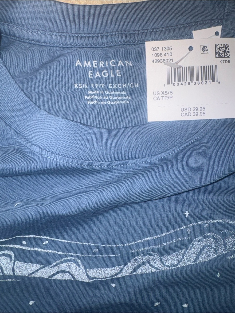American Eagle Blue Crewneck Tee with Skeleton Hot Dog Graphic Size XS/S NWT - Picture 4 of 6
